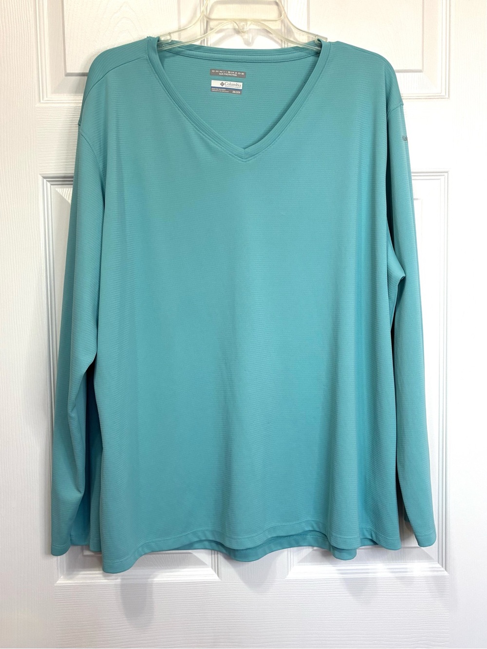 Columbia PFG Omni Shade Top Womens 3XL Blue Long Sleeve Sun Protection Spellout